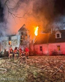 Engine 403 assisted Chester County Station 8 on this working house fire. Crews are seen here just after arriving on scene and reporting for their assignment.

(Photo from Keystone Valley Fire Department)   